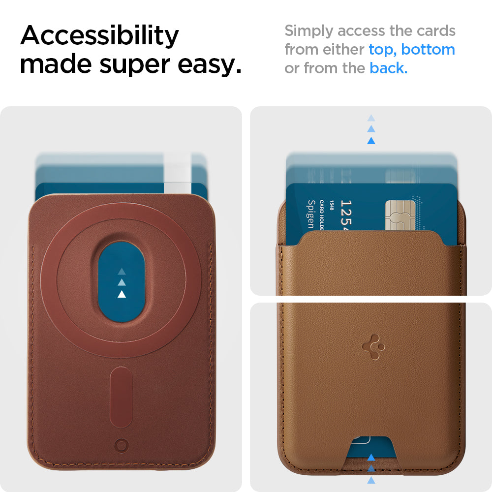 AFA05804 - MagSafe 3 Cards Holder Valentinus (MagFit) in brown showing the accessibility made super easy, simply access the cards from either top, bottom or from the back