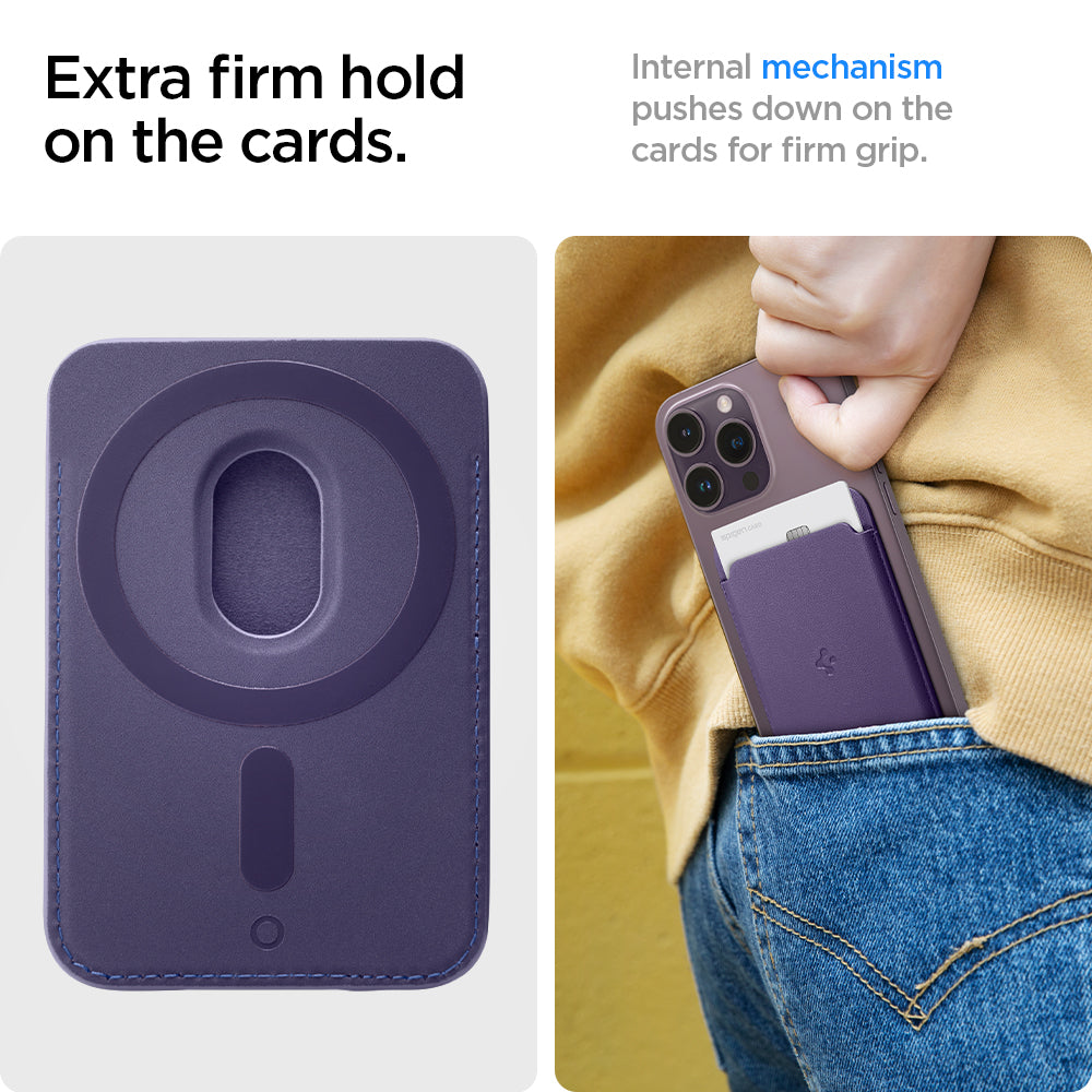AFA06268 - MagSafe 3 Cards Holder Valentinus (MagFit) in purple showing the extra firm hold on the cards, internal mechanism pushes down on the cards for firm grip