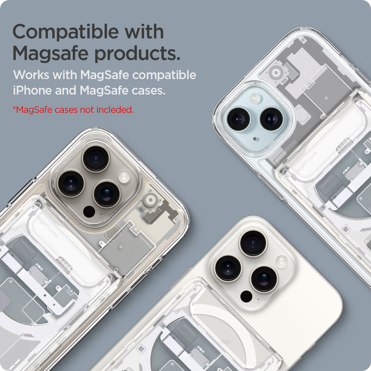 AFA07401 - Ultra Hybrid Zero One MagFit Wallet (MagFit) in Zero One White showing the compatibility with MagSafe products. Works with Magsafe compatible iPhone and MagSafe cases