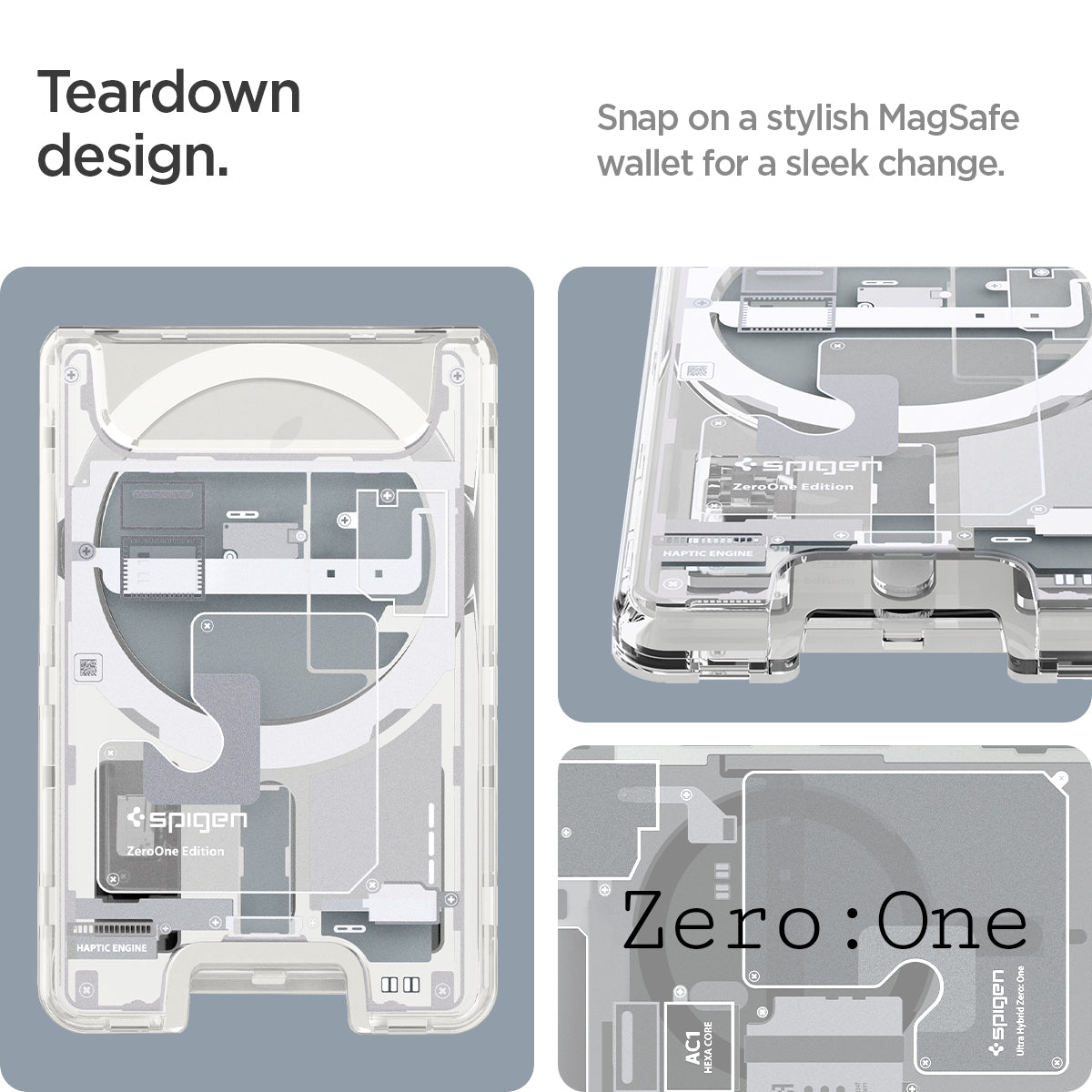 AFA07401 - Ultra Hybrid Zero One MagFit Wallet (MagFit) in Zero One White showing the teardown design. Snap on a stylish MagSafe wallet for a sleek change