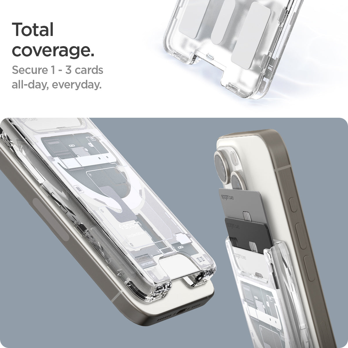 AFA07401 - Ultra Hybrid Zero One MagFit Wallet (MagFit) in Zero One White showing the total coverage. Secure 1-3 cards all-day, everyday