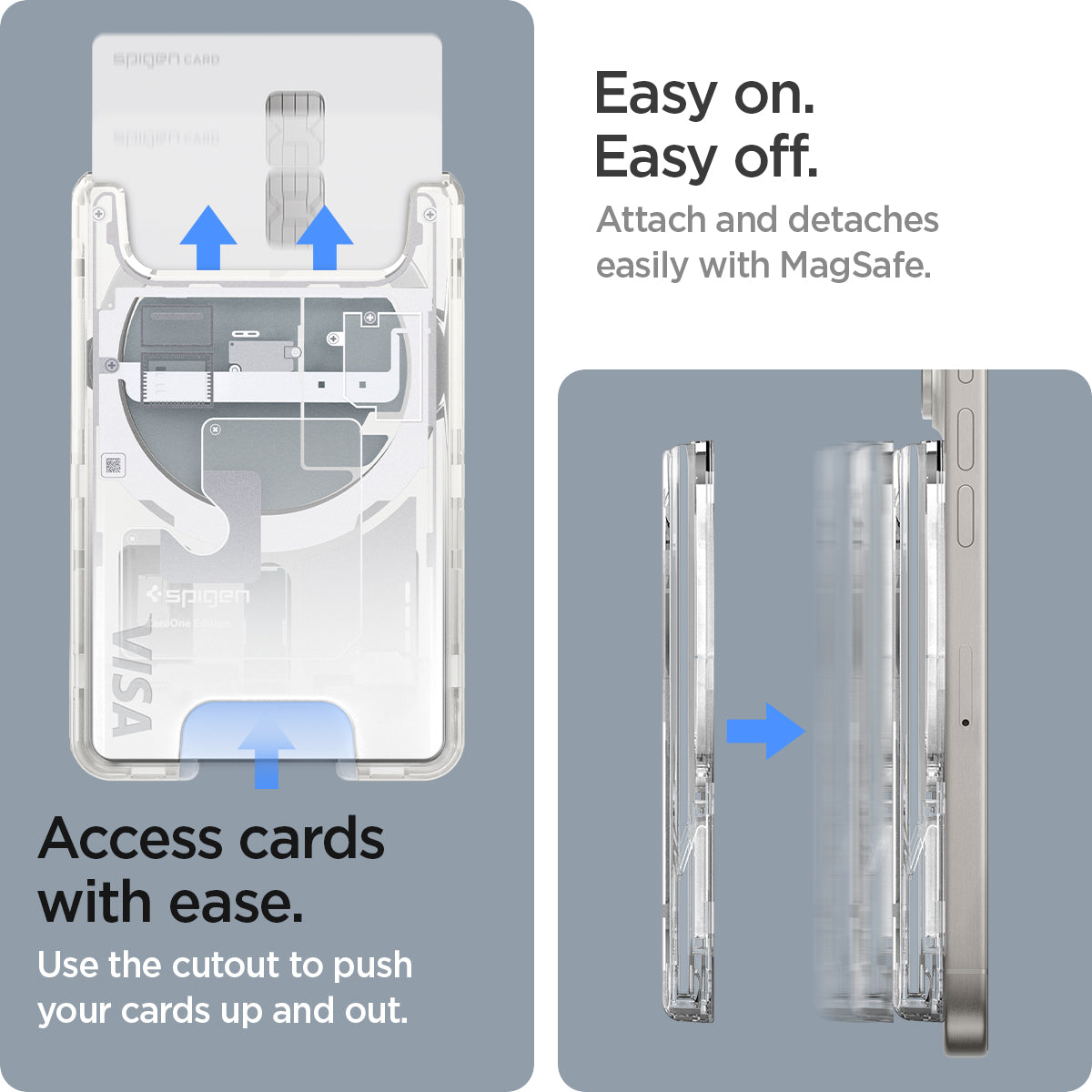 AFA07401 - Ultra Hybrid Zero One MagFit Wallet (MagFit) in Zero One White showing the easy on, easy off. Attach and detaches easily with Magsafe. Access cards with ease. Use the cutout to push your cards up and out