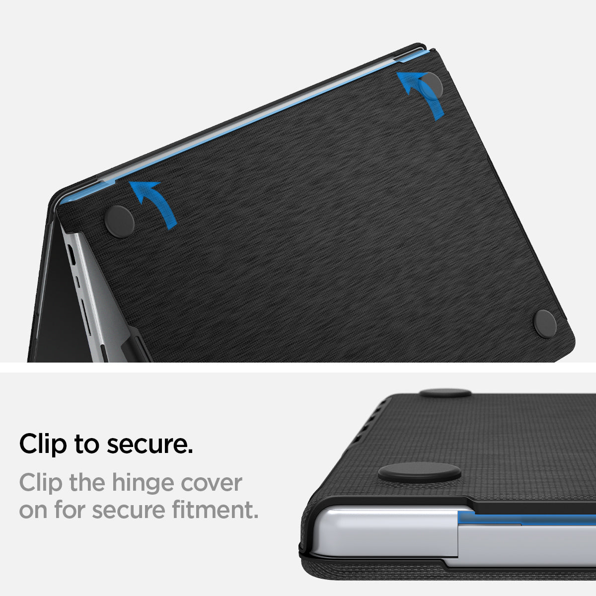 ACS04211 - MacBook Pro 16-inch Case Urban Fit in Black showing the clip to secure. Clip the hinge cover on for secure fitment