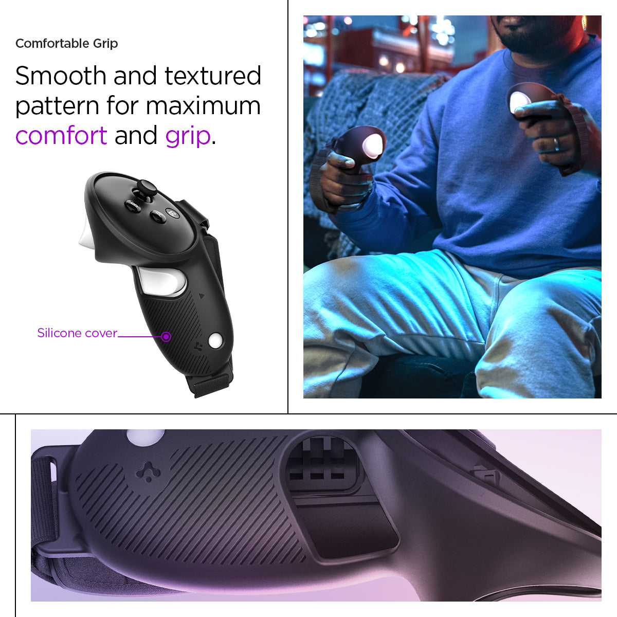ACS07550 - Meta Quest 3 Case Silicone Fit in Black showing the comfortable grip. Smooth and textured pattern for maximum comfort and grip. Silicone cover