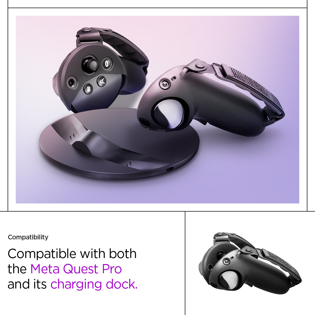 ACS06030 - Meta Quest Pro Controller Silicone Fit in black showing the compatibility. Compatible with both the Meta Quest Pro and its charging dock