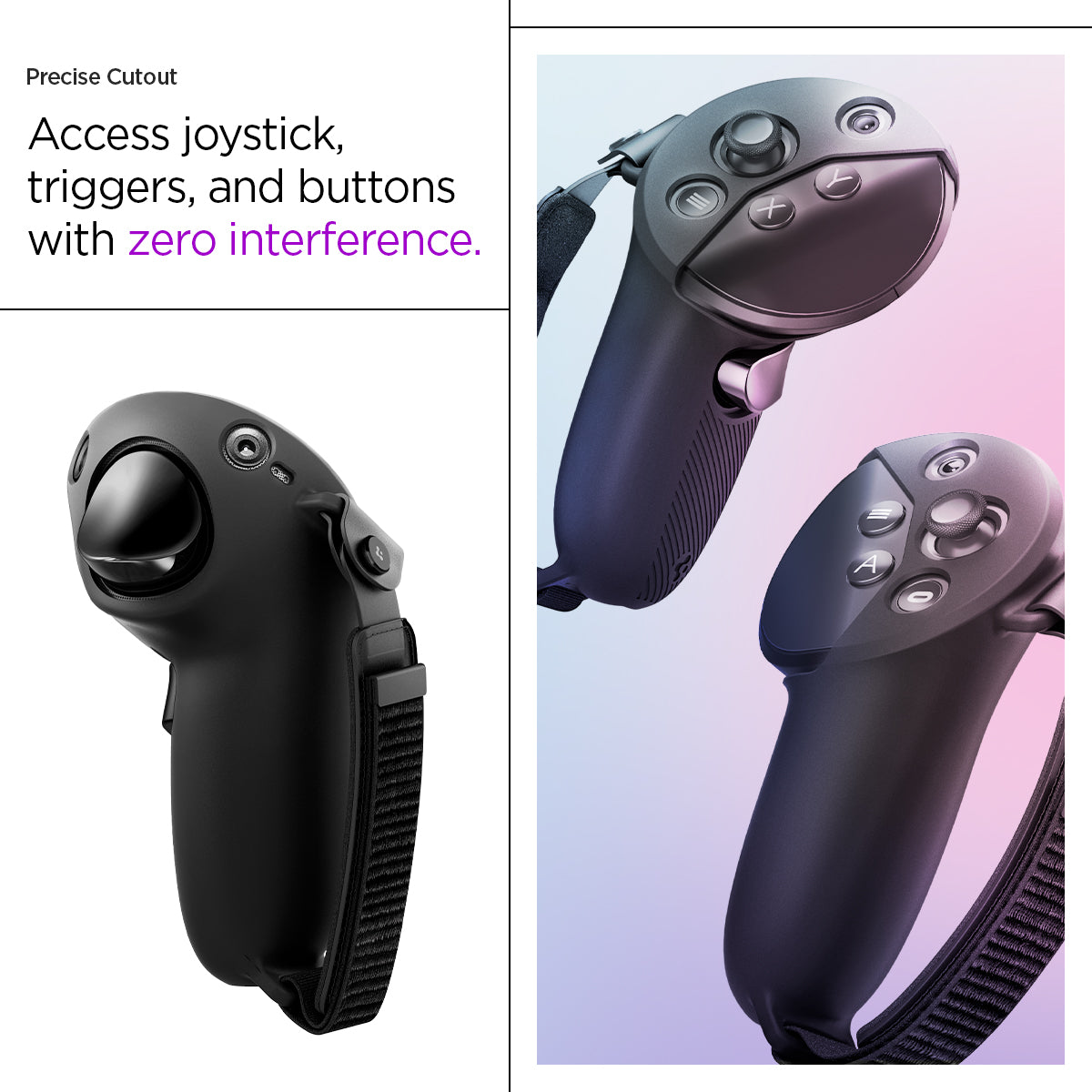 ACS06030 - Meta Quest Pro Controller Silicone Fit in black showing the precise cutout, access joystick, triggers and buttons with zero interference