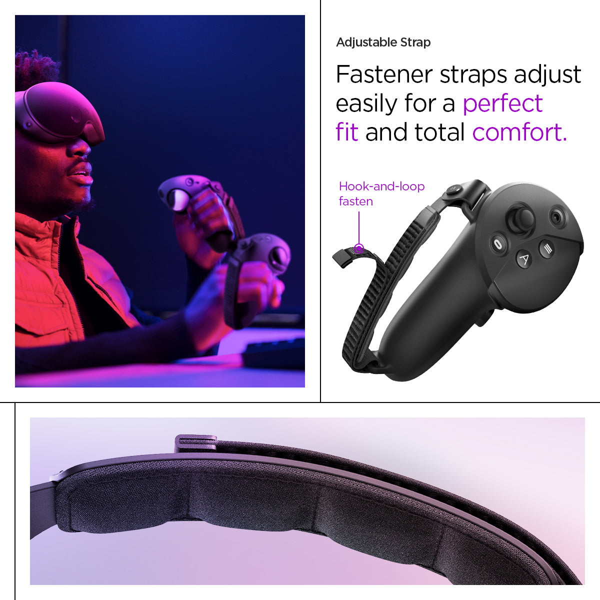 ACS06030 - Meta Quest Pro Controller Silicone Fit in black showing the adjustable strap. Fastener straps adjust easily for a perfect fit and total comfort. Hook-and-loop fasten