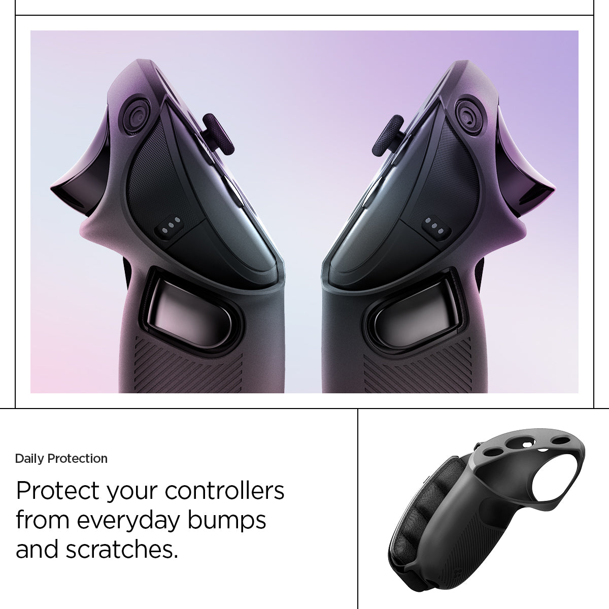 ACS06030 - Meta Quest Pro Controller Silicone Fit in black showing the daily protection. Protect your controllers from everyday bumps and scratches