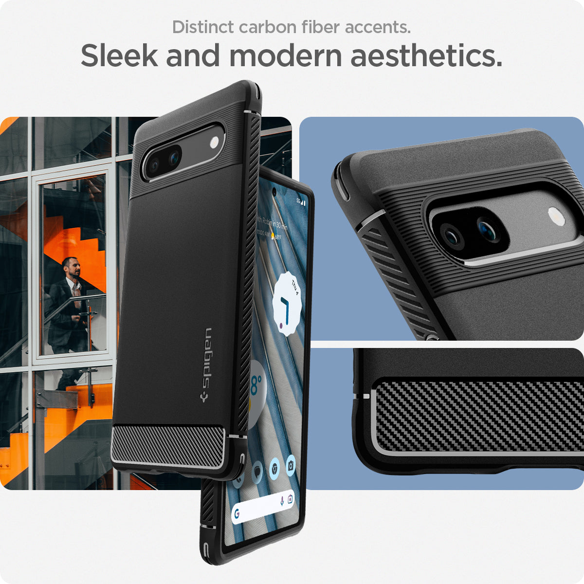 ACS05816 - Pixel 7a Case Rugged Armor in matte black sleek and modern aesthetics. distinct carbon fiber accents