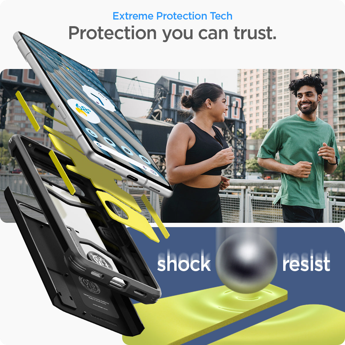 ACS05819 - Pixel 7a Case Tough Armor in black showing the extreme protection tech. Protection you can trust