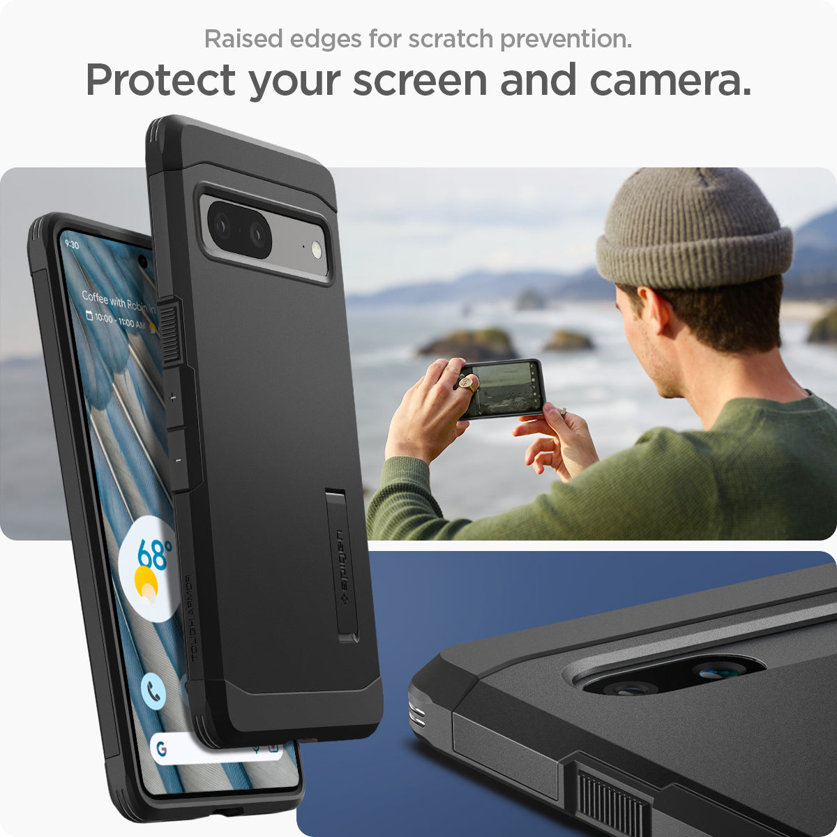 ACS05819 - Pixel 7a Case Tough Armor in black showing the raised edges for scratch prevention. Protect your screen and camera