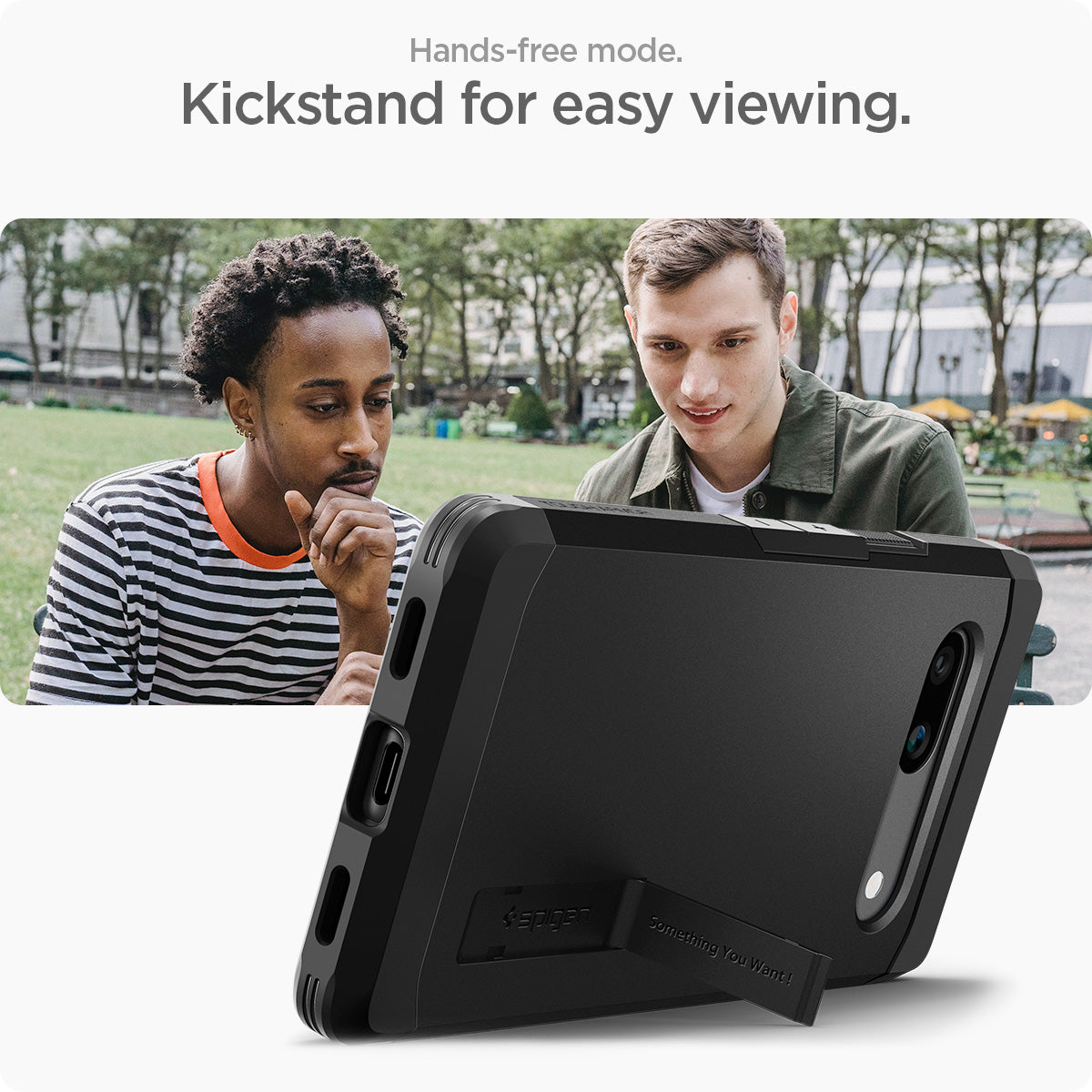 ACS05819 - Pixel 7a Case Tough Armor in black showing the Hands-free mode. Kickstand for easy viewing