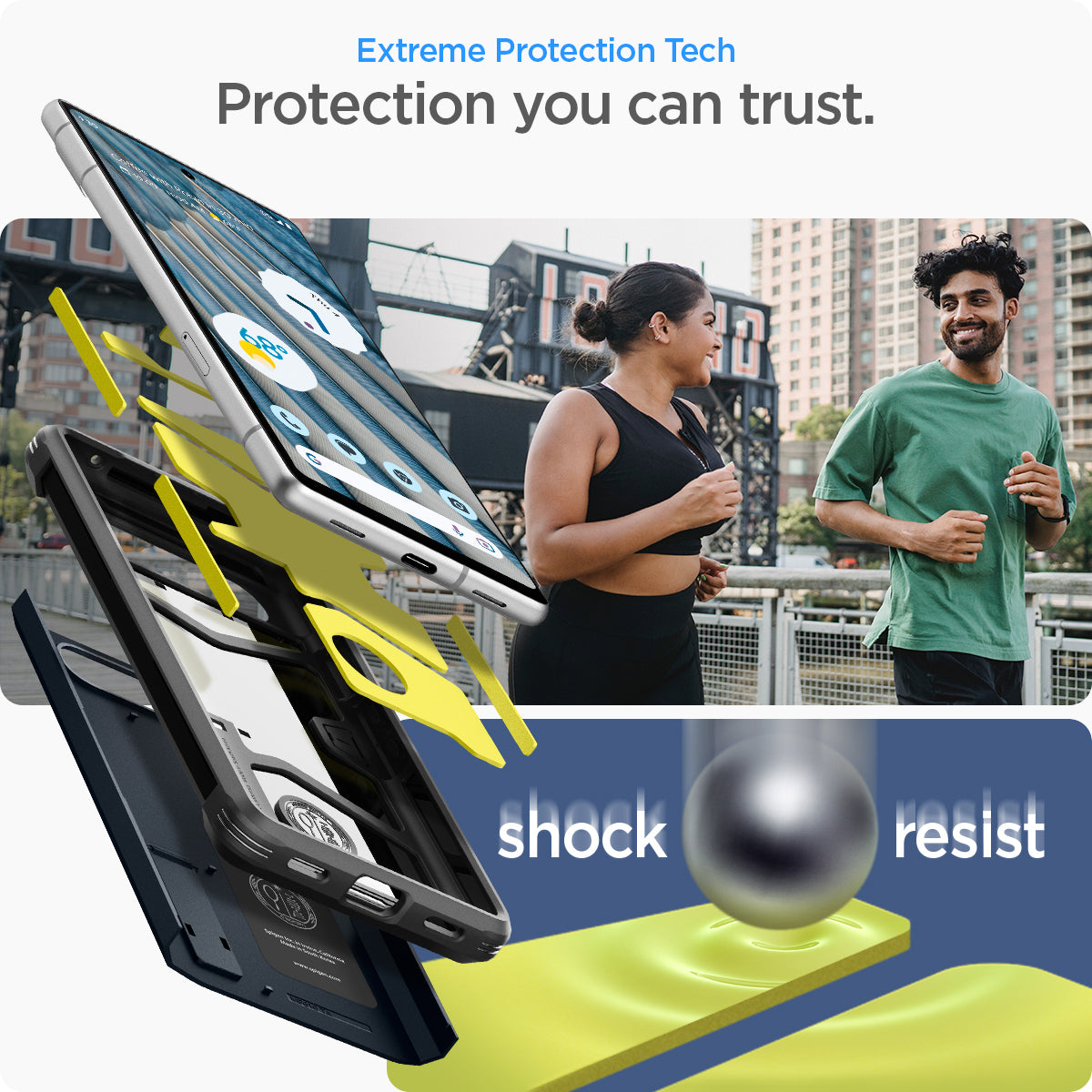 ACS05820 - Pixel 7a Case Tough Armor in metal slate showing the extreme protection tech. Protection you can trust