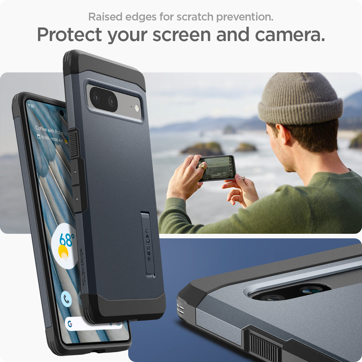 ACS05820 - Pixel 7a Case Tough Armor in metal slate showing the raised edges for scratch prevention. Protect your screen and camera