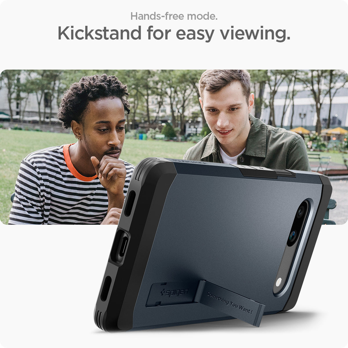 ACS05820 - Pixel 7a Case Tough Armor in metal slate showing the Hands-free mode. Kickstand for easy viewing