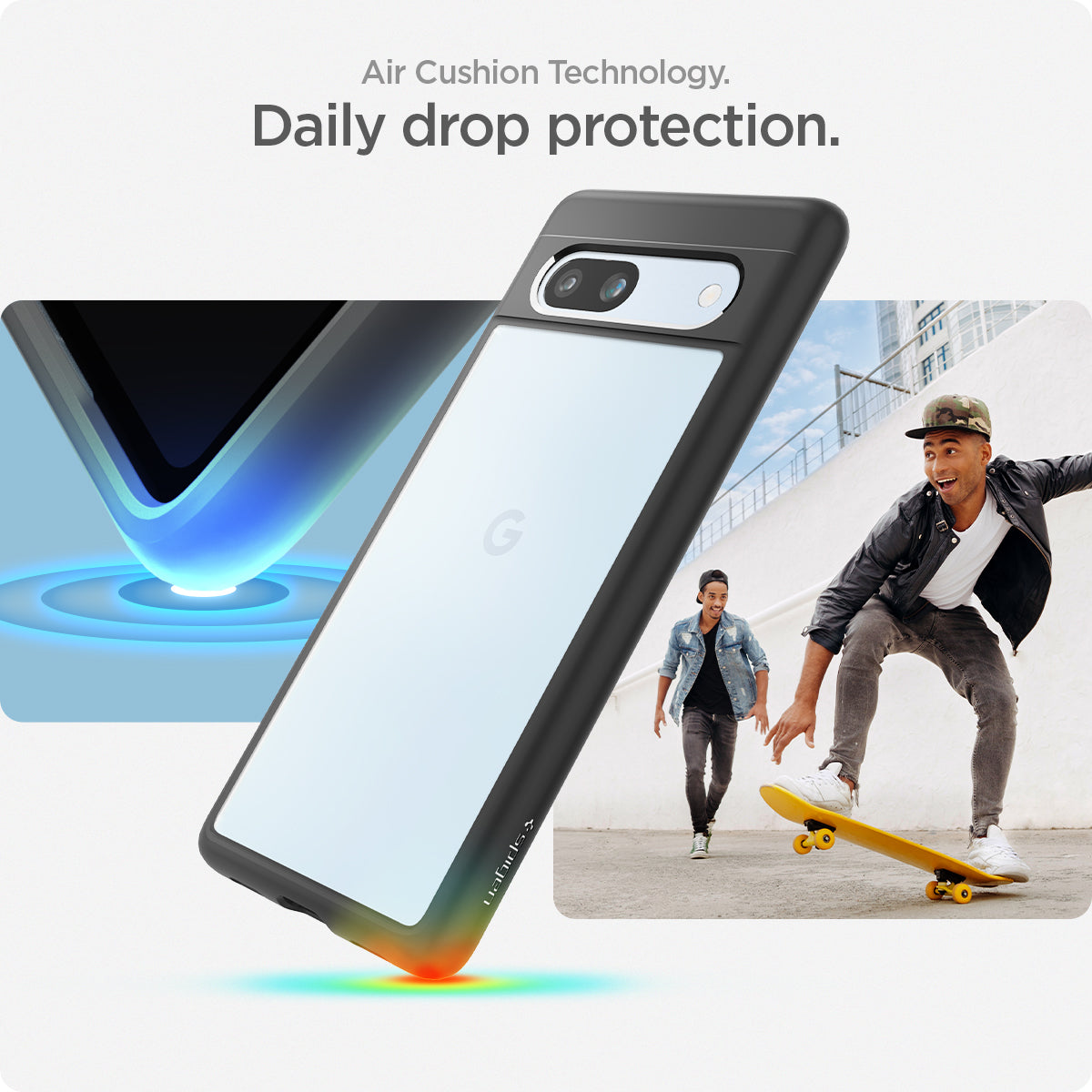 ACS05818 - Pixel 7a Case Ultra Hybrid in matte black showing the daily drop protection with Air Cushion Technology