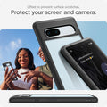ACS05818 - Pixel 7a Case Ultra Hybrid in matte black showing the protection for your screen and camera. Lifted to prevent surface scratches