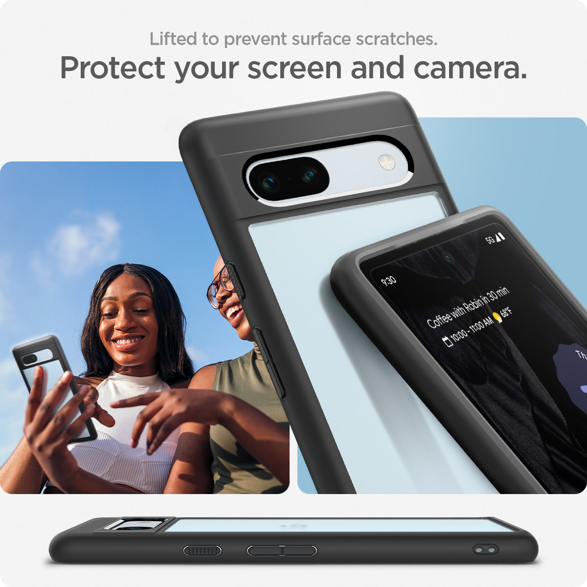 ACS05818 - Pixel 7a Case Ultra Hybrid in matte black showing the protection for your screen and camera. Lifted to prevent surface scratches