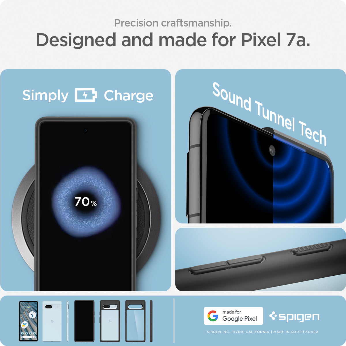 ACS05818 - Pixel 7a Case Ultra Hybrid in matte black showing the precision craftsmanship. charge, share. sound tunnel tech.