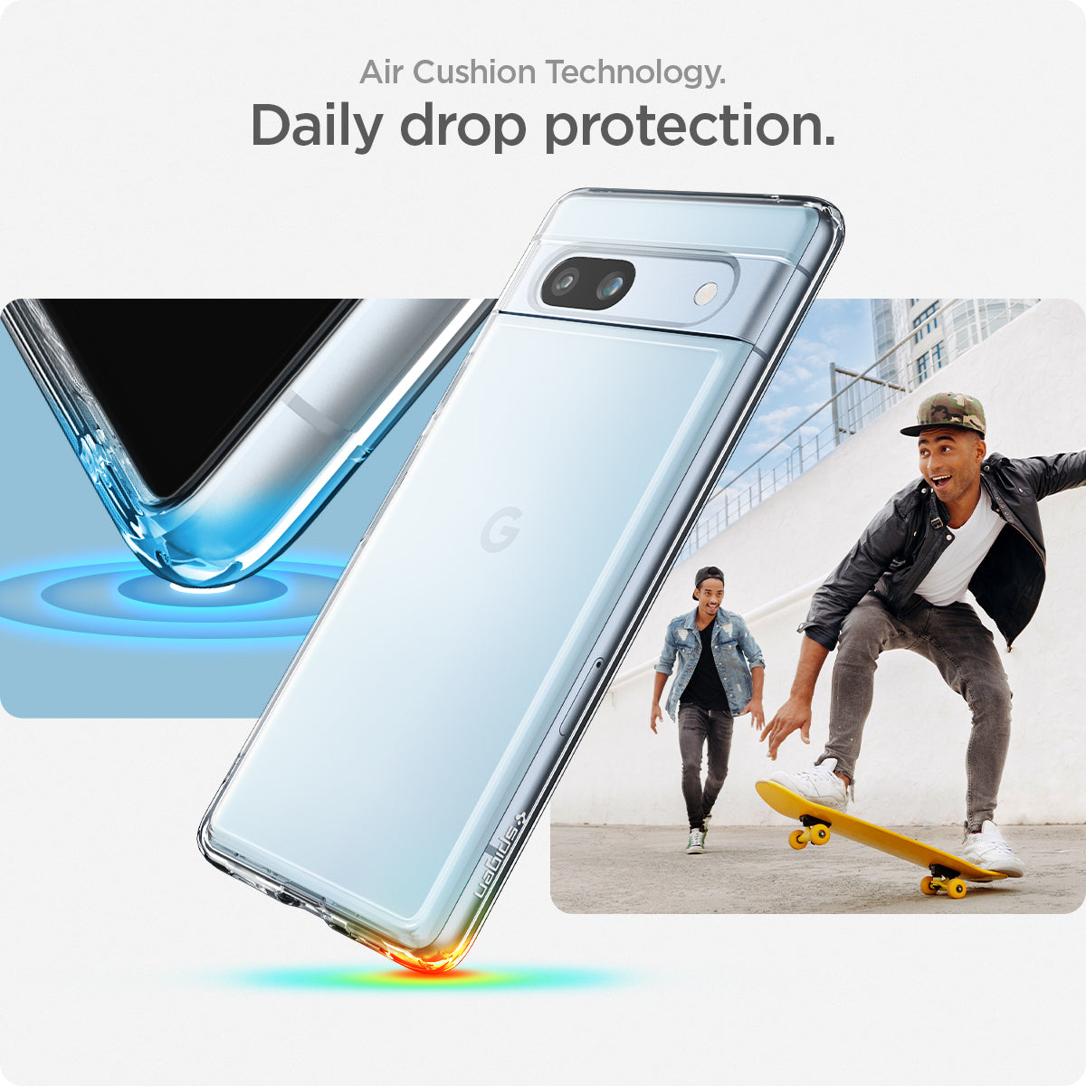 ACS05817 - Pixel 7a Case Ultra Hybrid in crystal clear showing the daily drop protection with Air Cushion Technology