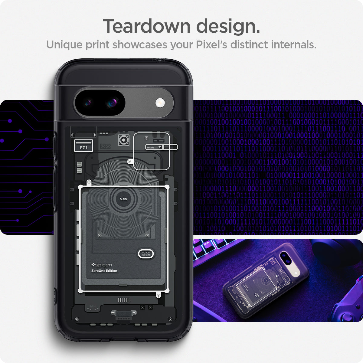 ACS07261 - Pixel 8a Case Ultra Hybrid Zero One in Zero One showing the unique print showcase your Pixel's distinct internals.  teardown design.