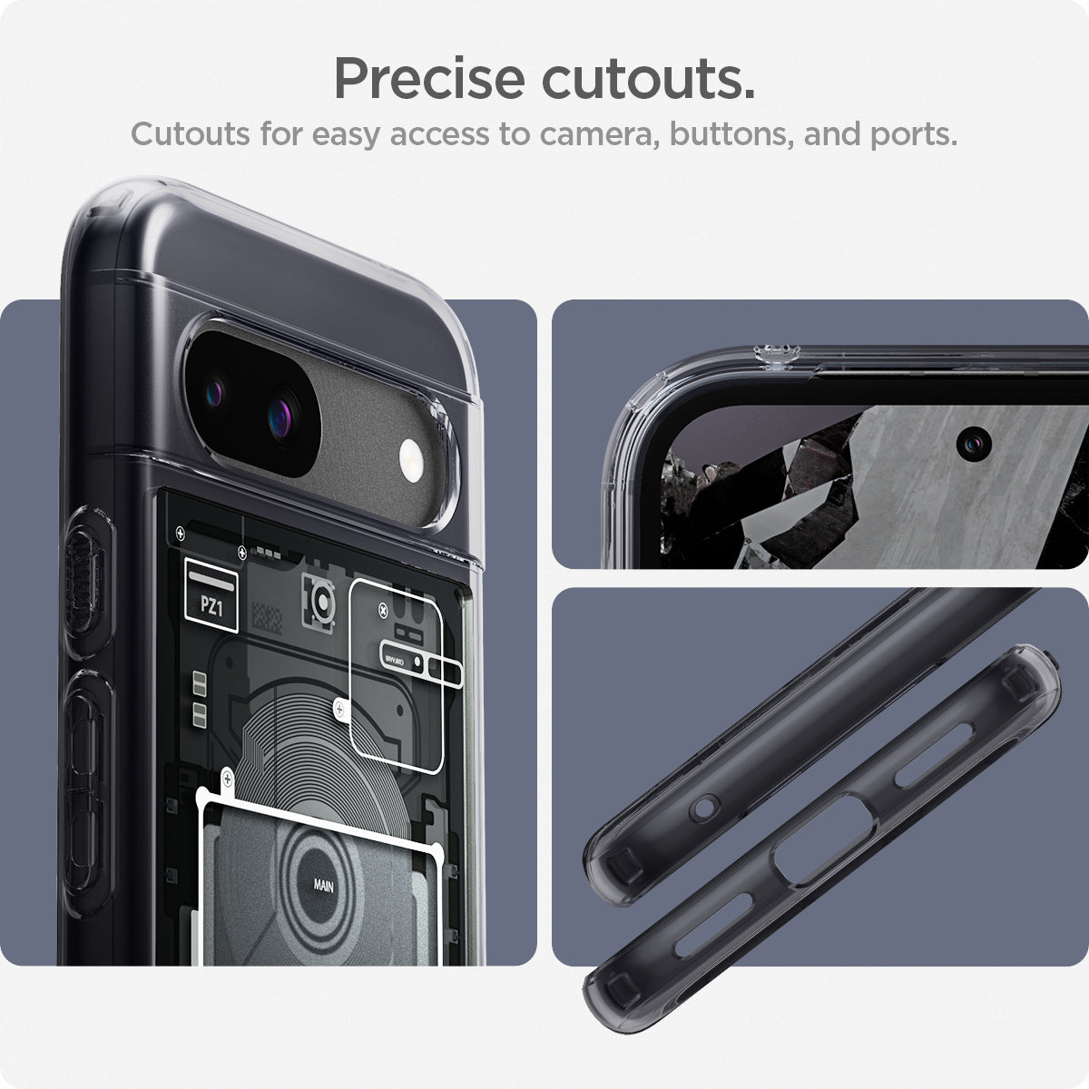 ACS07261 - Pixel 8a Case Ultra Hybrid Zero One in Zero One showing the cutouts for easy access to camera, buttons, and ports. Precise cutouts
