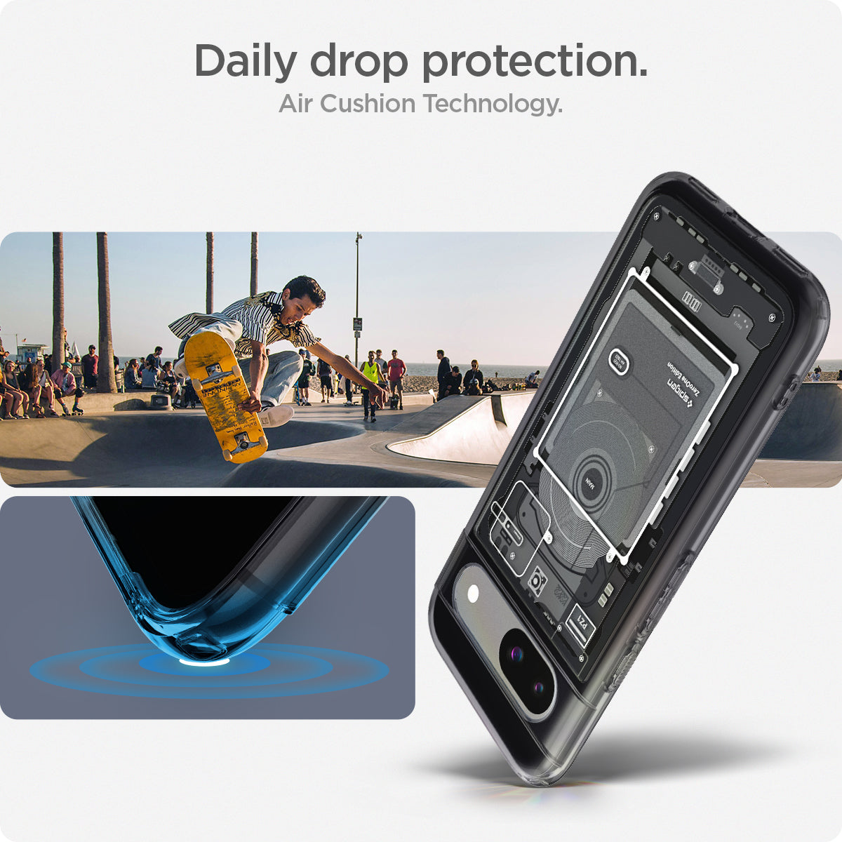 ACS07261 - Pixel 8a Case Ultra Hybrid Zero One in Zero One showing the Air Cushion Technology. Daily drop protection