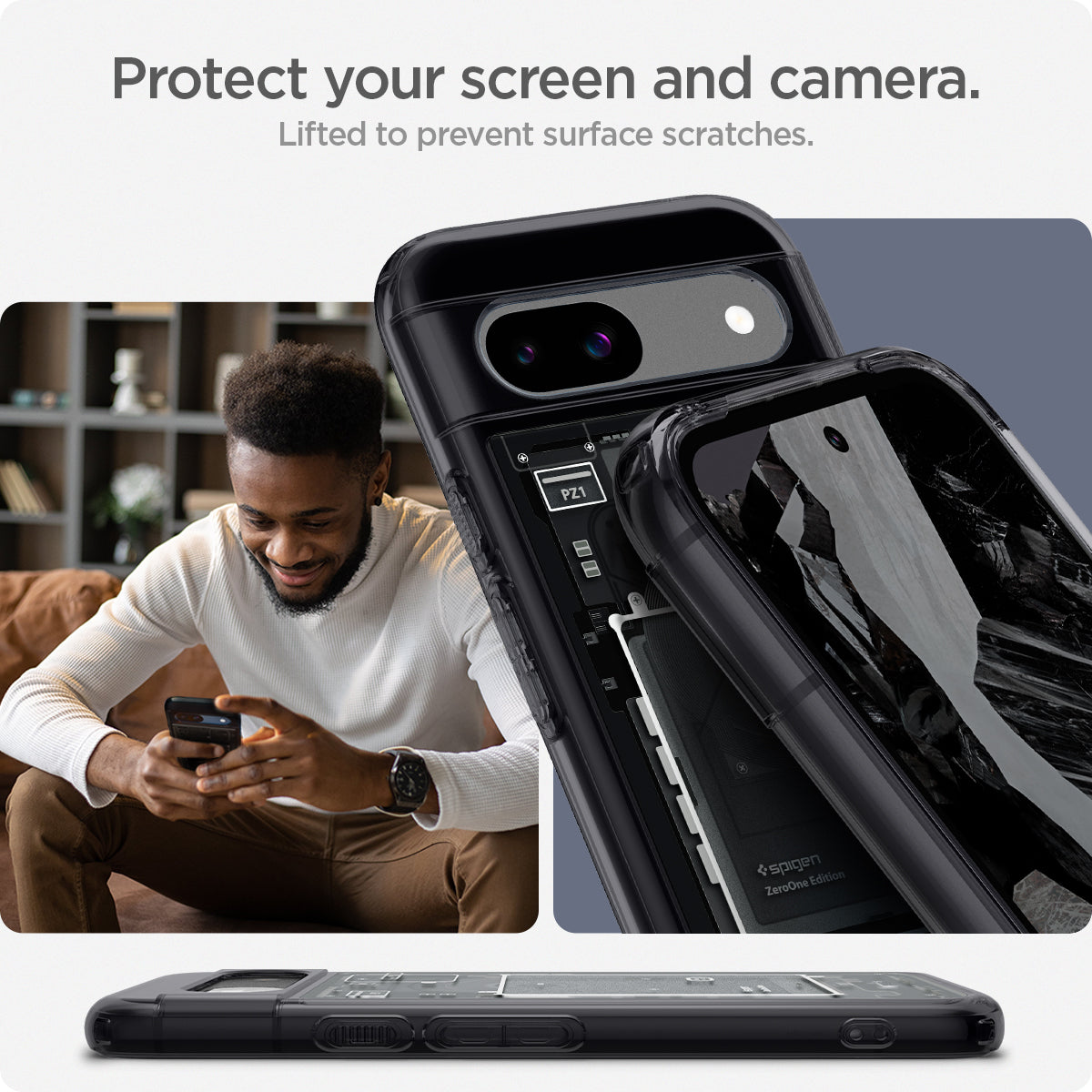 ACS07261 - Pixel 8a Case Ultra Hybrid Zero One in Zero One lifted to prevent surface scratches. protect your screen and camera.