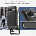 ACS06277 - Pixel 8 Case Rugged Armor in matte black distinct carbon fiber accents. sleek and mordern aesthetics.