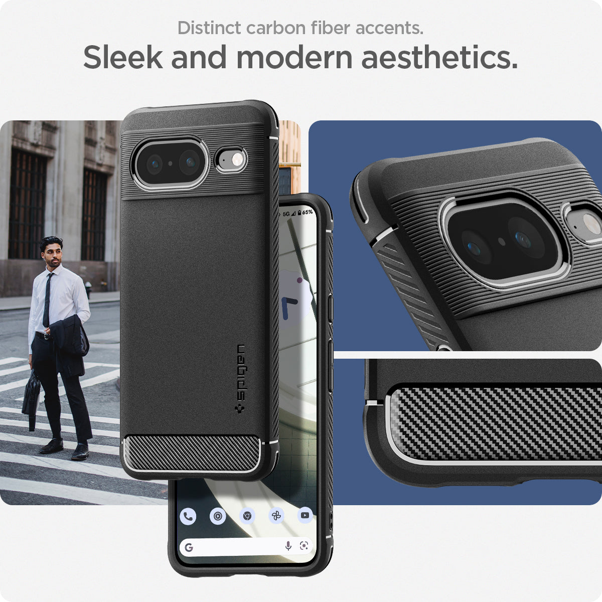 ACS06277 - Pixel 8 Case Rugged Armor in matte black distinct carbon fiber accents. sleek and mordern aesthetics.