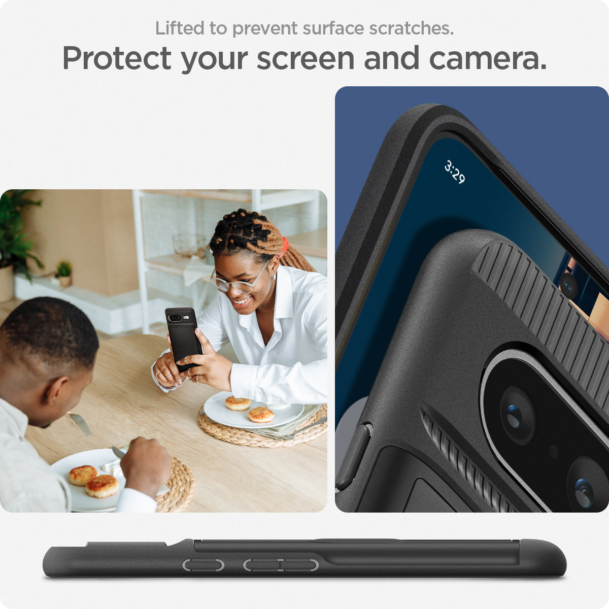 ACS06286 - Pixel 8 Case Slim Armor CS in black lifted to prevent surface scratches. Protect your screen and camera.