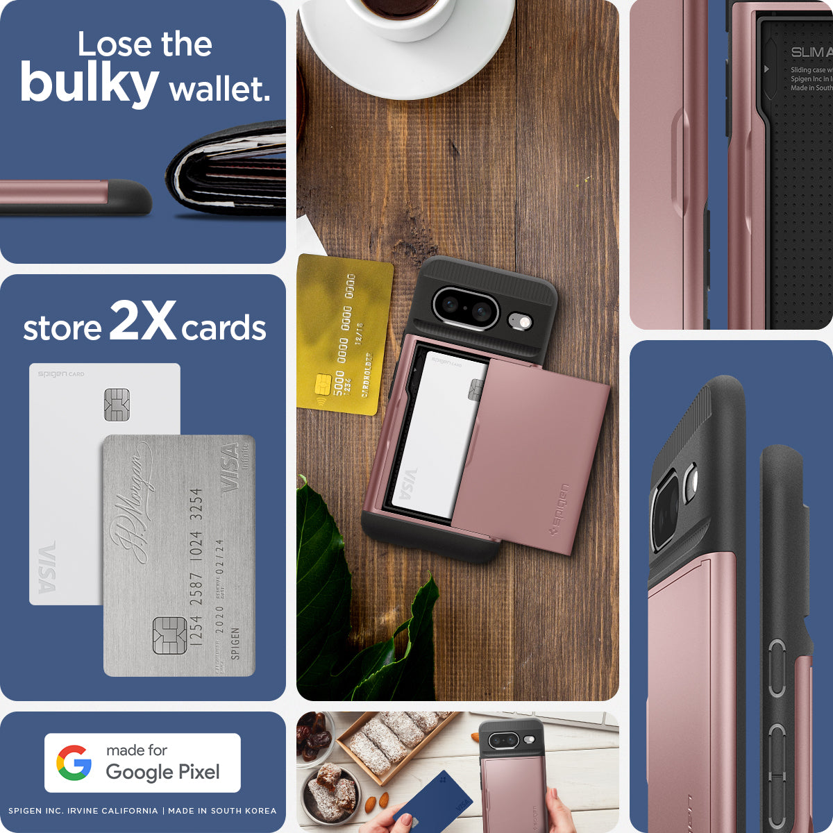 ACS06287 - Pixel 8 Case Slim Armor CS in rose gold lose bulky wallet. store 2X cards.