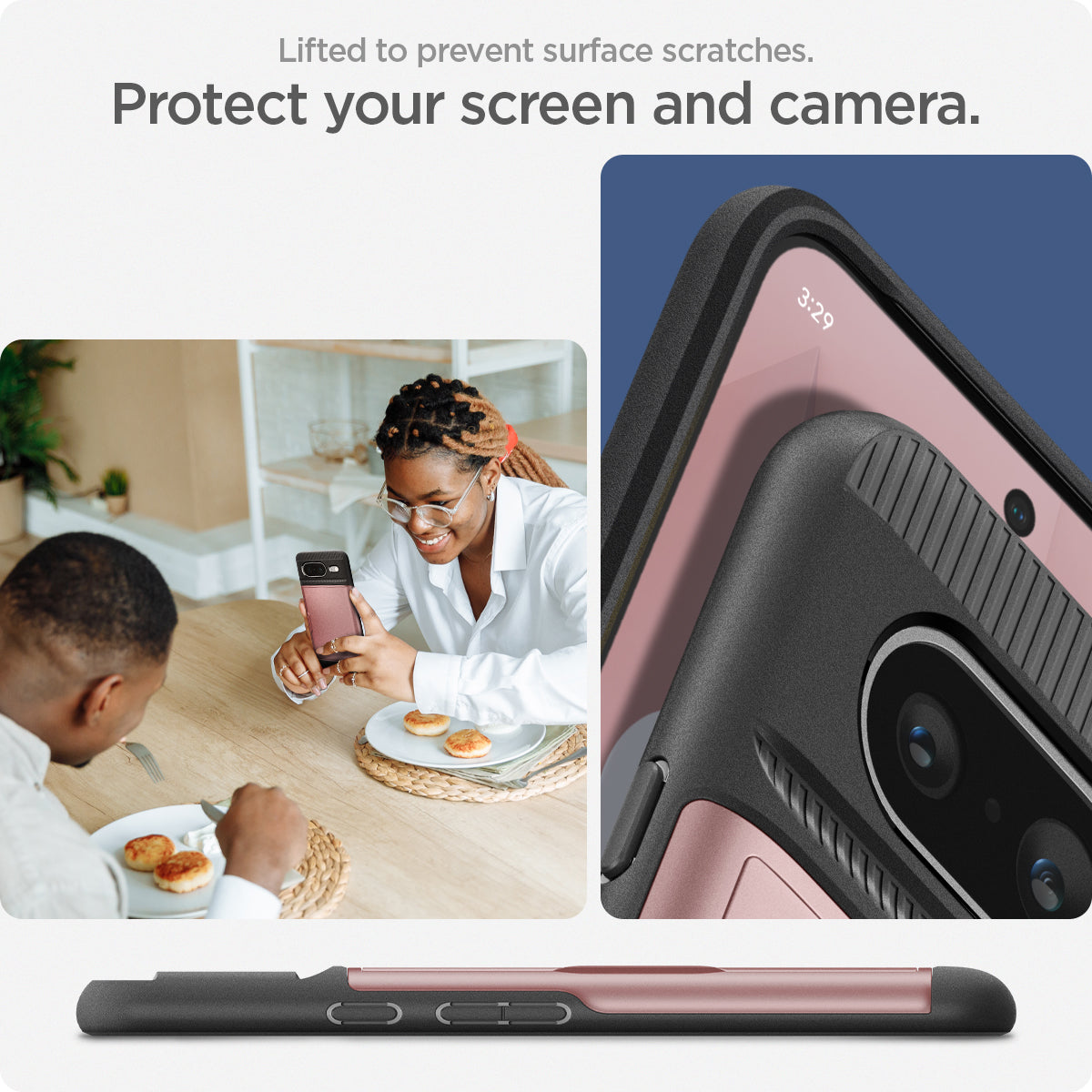 ACS06287 - Pixel 8 Case Slim Armor CS in rose gold lifted to prevent surface scratches. Protect your screen and camera.