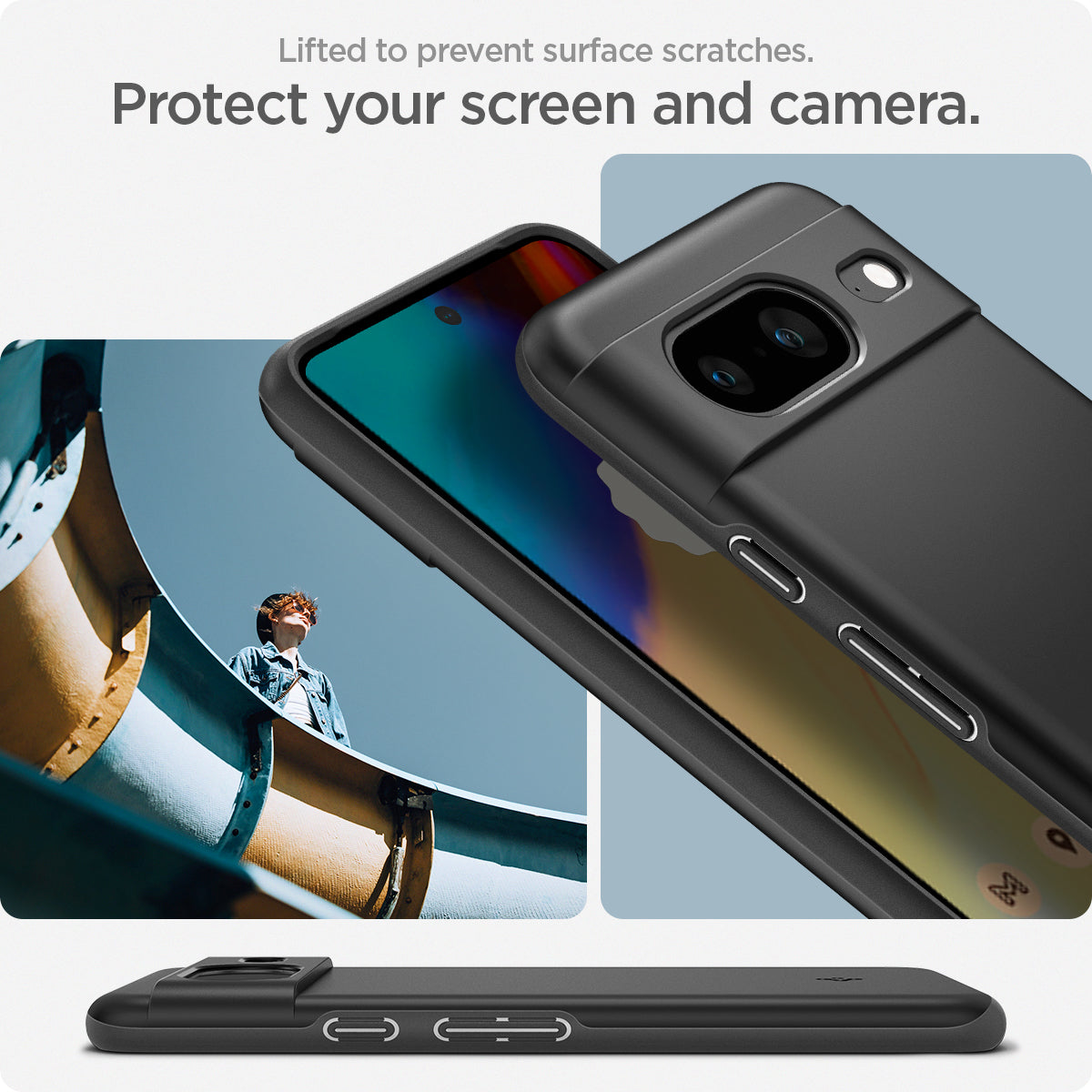 ACS06288 - Pixel 8 Case Thin Fit in black lifted to prevent surface scratches. protect your screen and camera.