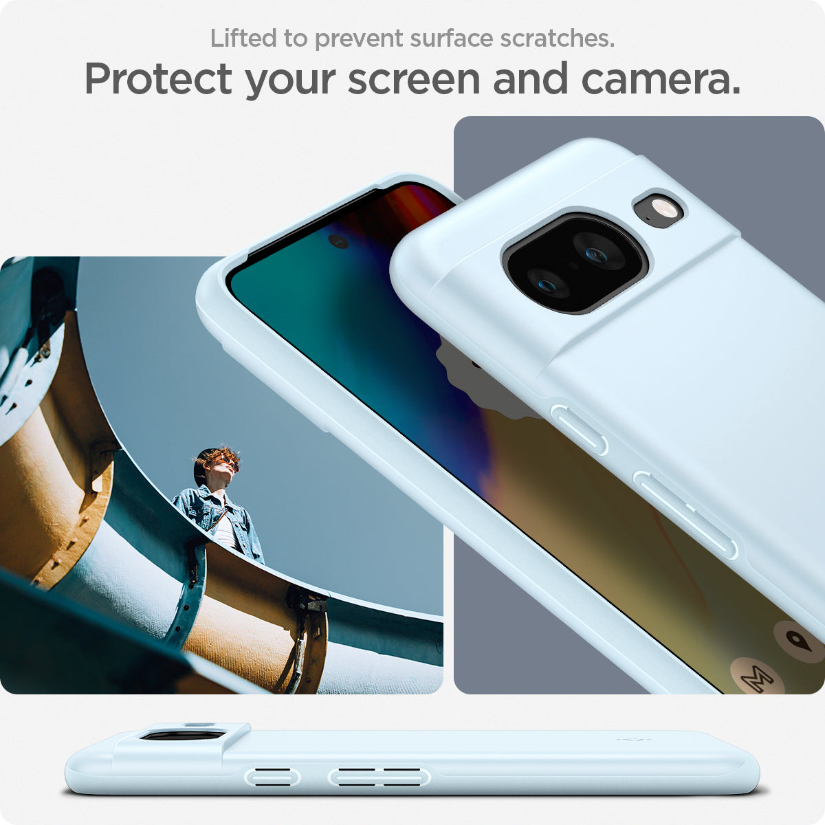 ACS06290 - Pixel 8 Case Thin Fit in mute blue lifted to prevent surface scratches. protect your screen and camera.