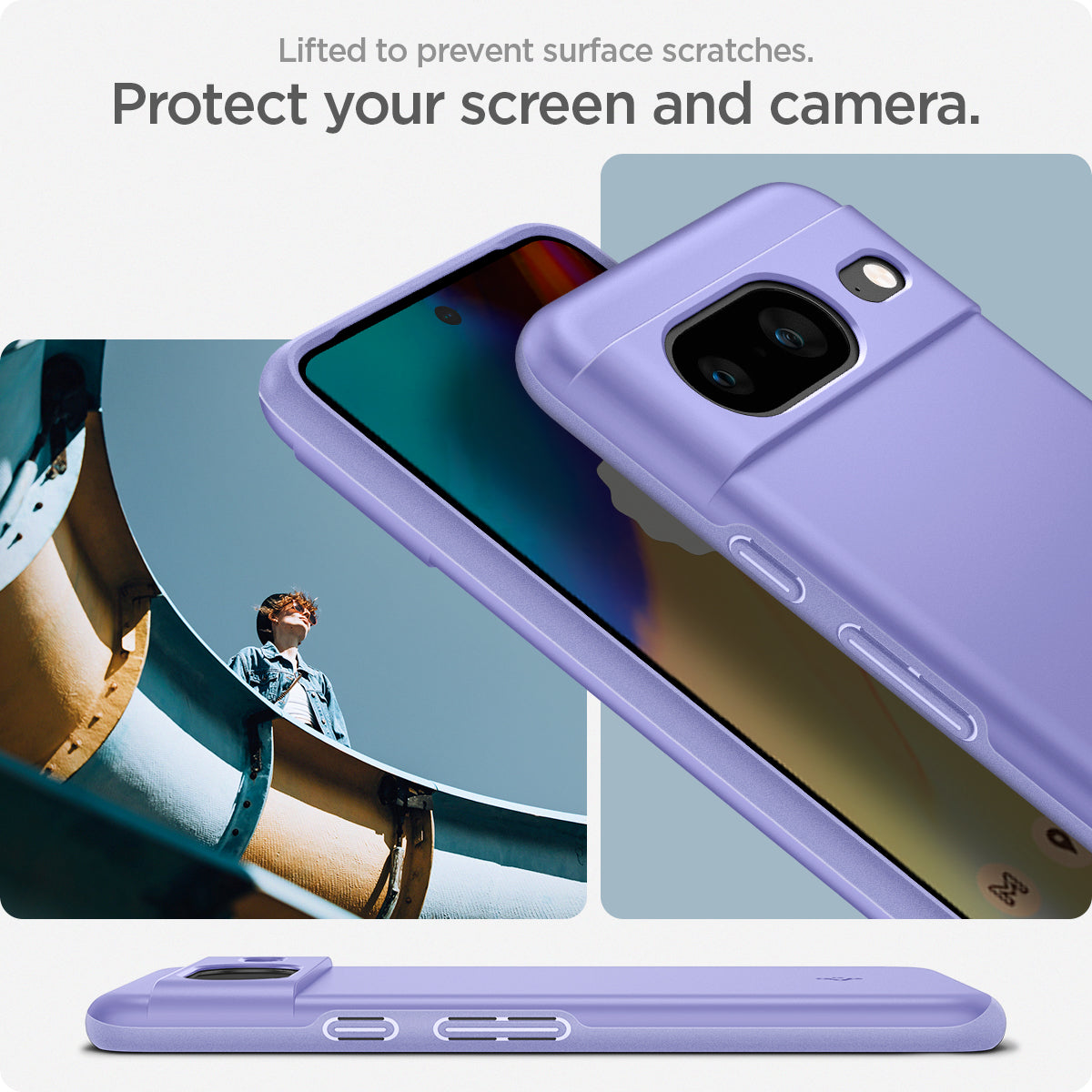 ACS06292 - Pixel 8 Case Thin Fit in awesome violet lifted to prevent surface scratches. protect your screen and camera.