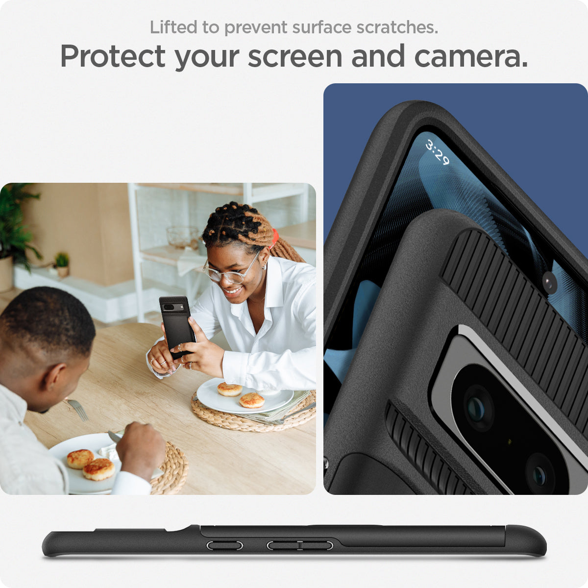 ACS04704 - Pixel 7 Case Slim Armor CS in black  lifted to prevent surface scratches. Protect your screen and camera.