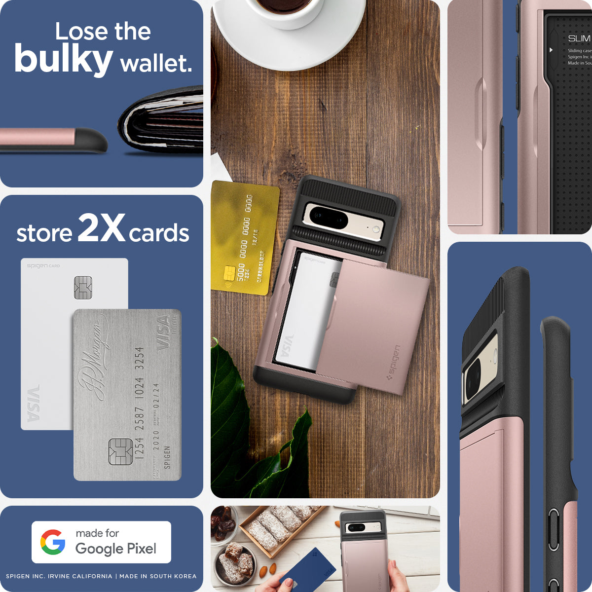 ACS04705 - Pixel 7 Case Slim Armor CS in rose gold lose bulky wallet. store 2X cards.