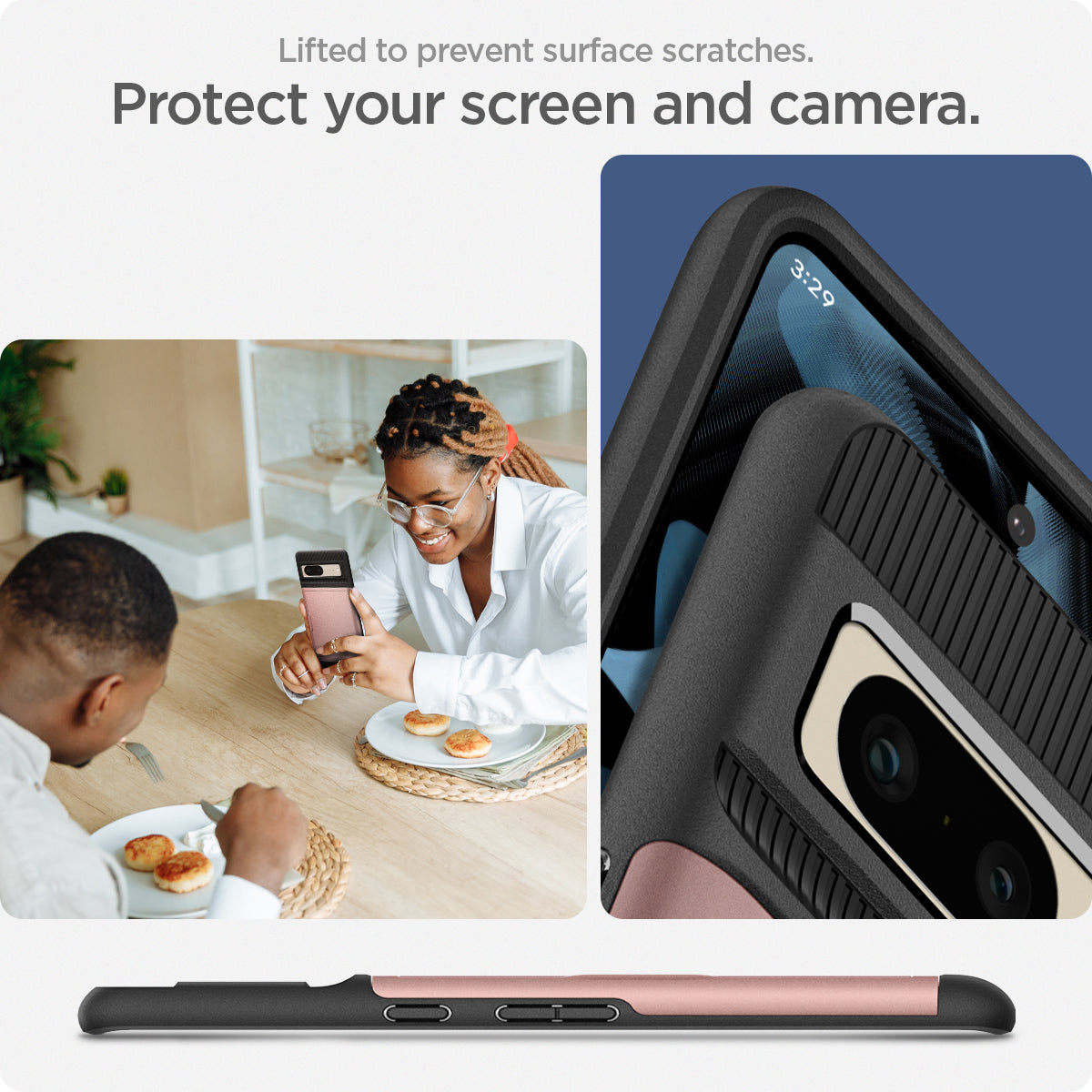 ACS04705 - Pixel 7 Case Slim Armor CS in rose gold  lifted to prevent surface scratches. Protect your screen and camera.