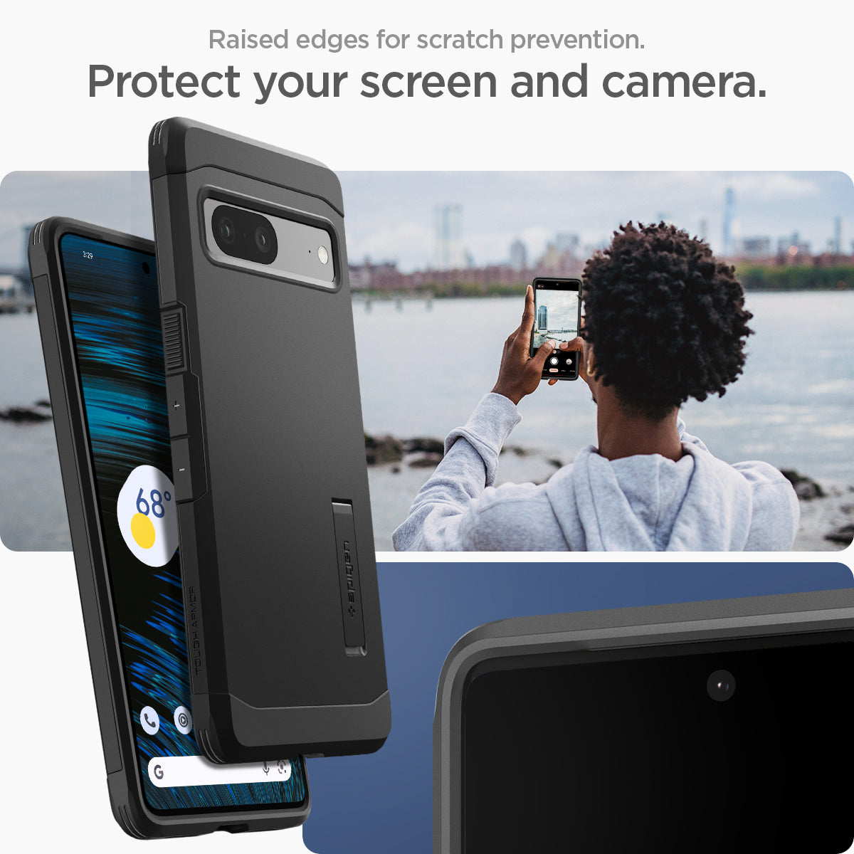 ACS04701 - Pixel 7 Case Tough Armor in black showing the raised edges for scratch prevention. Protect your screen and camera