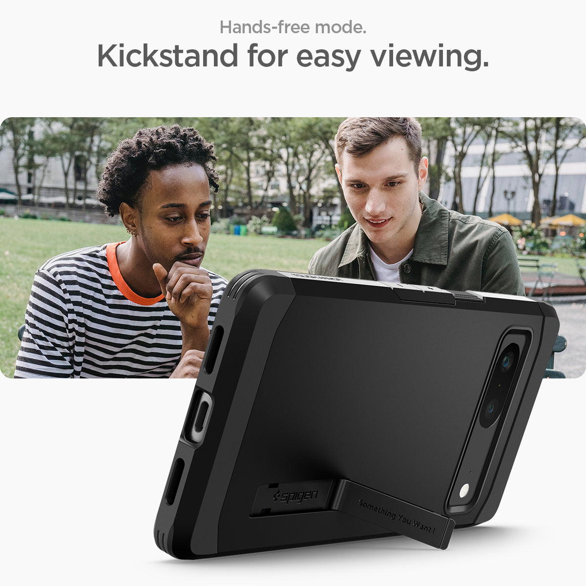 ACS04701 - Pixel 7 Case Tough Armor in black showing the Hands-free mode. Kickstand for easy viewing