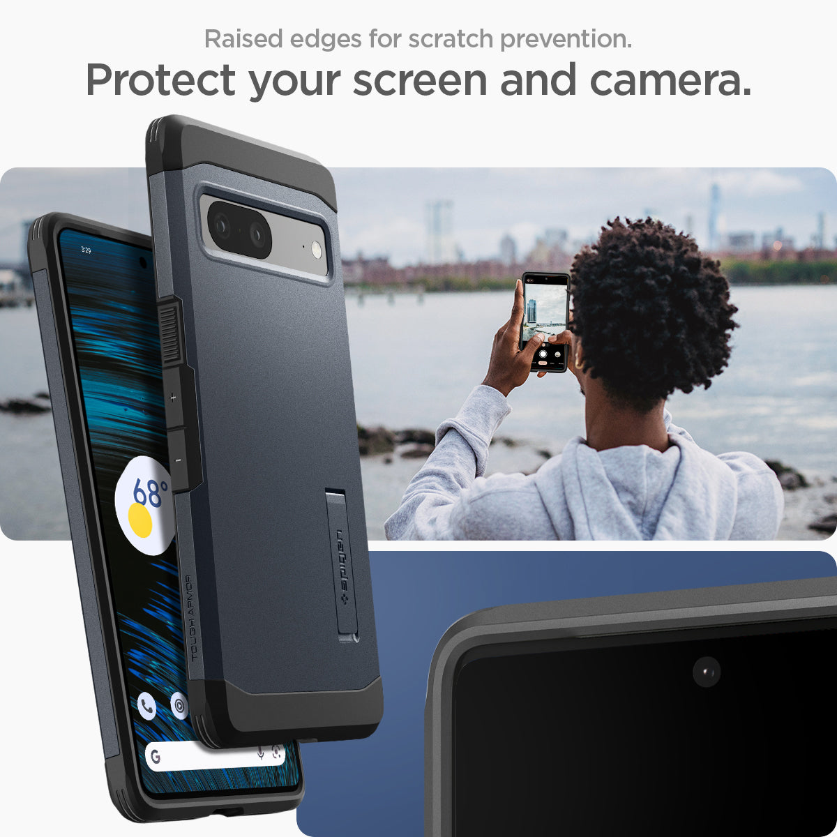 ACS04702 - Pixel 7 Case Tough Armor in metal slate showing the raised edges for scratch prevention. Protect your screen and camera