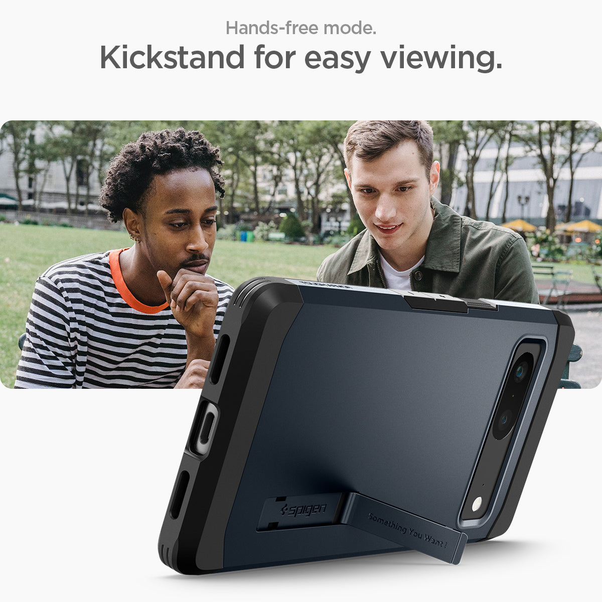 ACS04702 - Pixel 7 Case Tough Armor in metal slate showing the Hands-free mode. Kickstand for easy viewing
