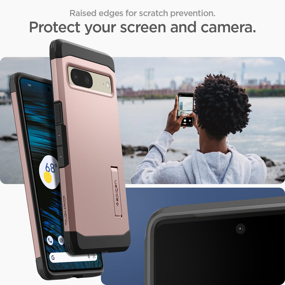 ACS04703 - Pixel 7 Case Tough Armor in rose showing the raised edges for scratch prevention. Protect your screen and camera