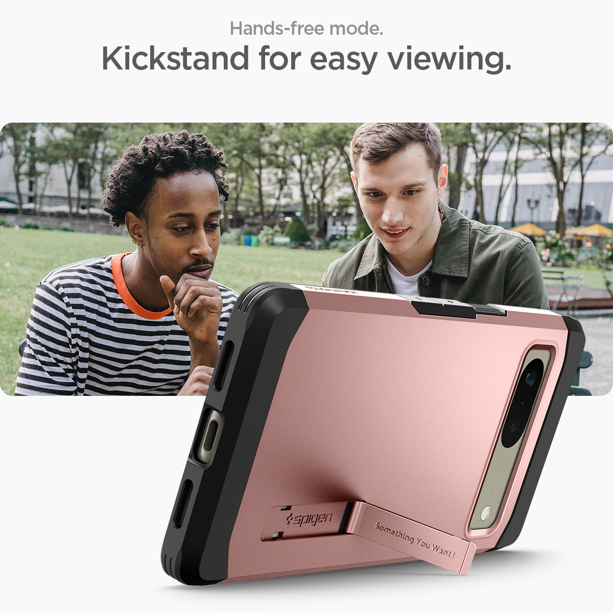 ACS04703 - Pixel 7 Case Tough Armor in rose showing the Hands-free mode. Kickstand for easy viewing