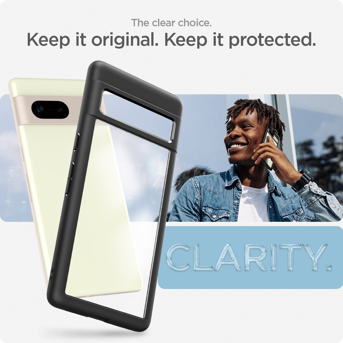 ACS04700 - Pixel 7 Case Ultra Hybrid in matte black showing the clear choice. Keeping it original and protected