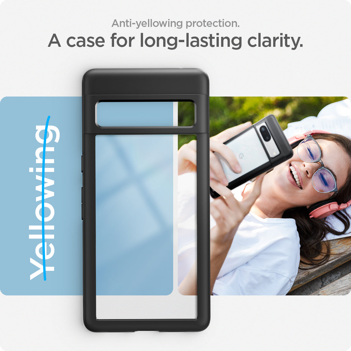 ACS04700 - Pixel 7 Case Ultra Hybrid in matte black showing the anti-yellowing protection. A case for long-lasting clarity. 