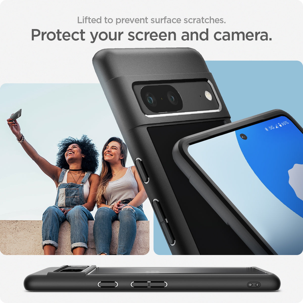 ACS04700 - Pixel 7 Case Ultra Hybrid in matte black showing the protection for your screen and camera. Lifted to prevent surface scratches