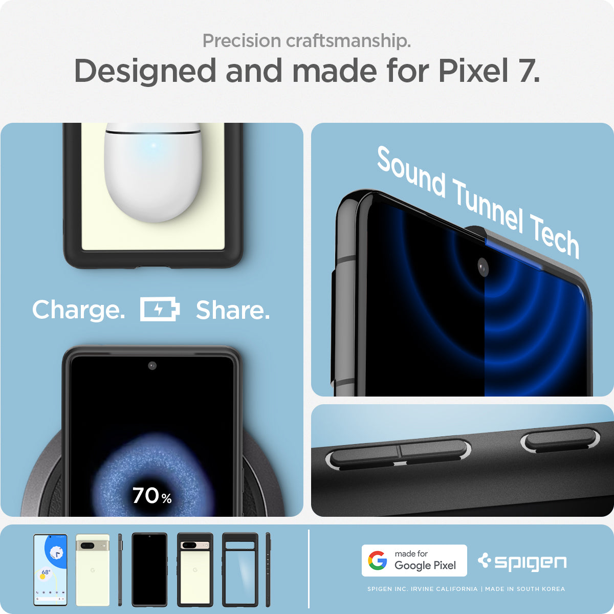 ACS04700 - Pixel 7 Case Ultra Hybrid in matte black showing the precision craftsmanship. charge, share. sound tunnel tech.