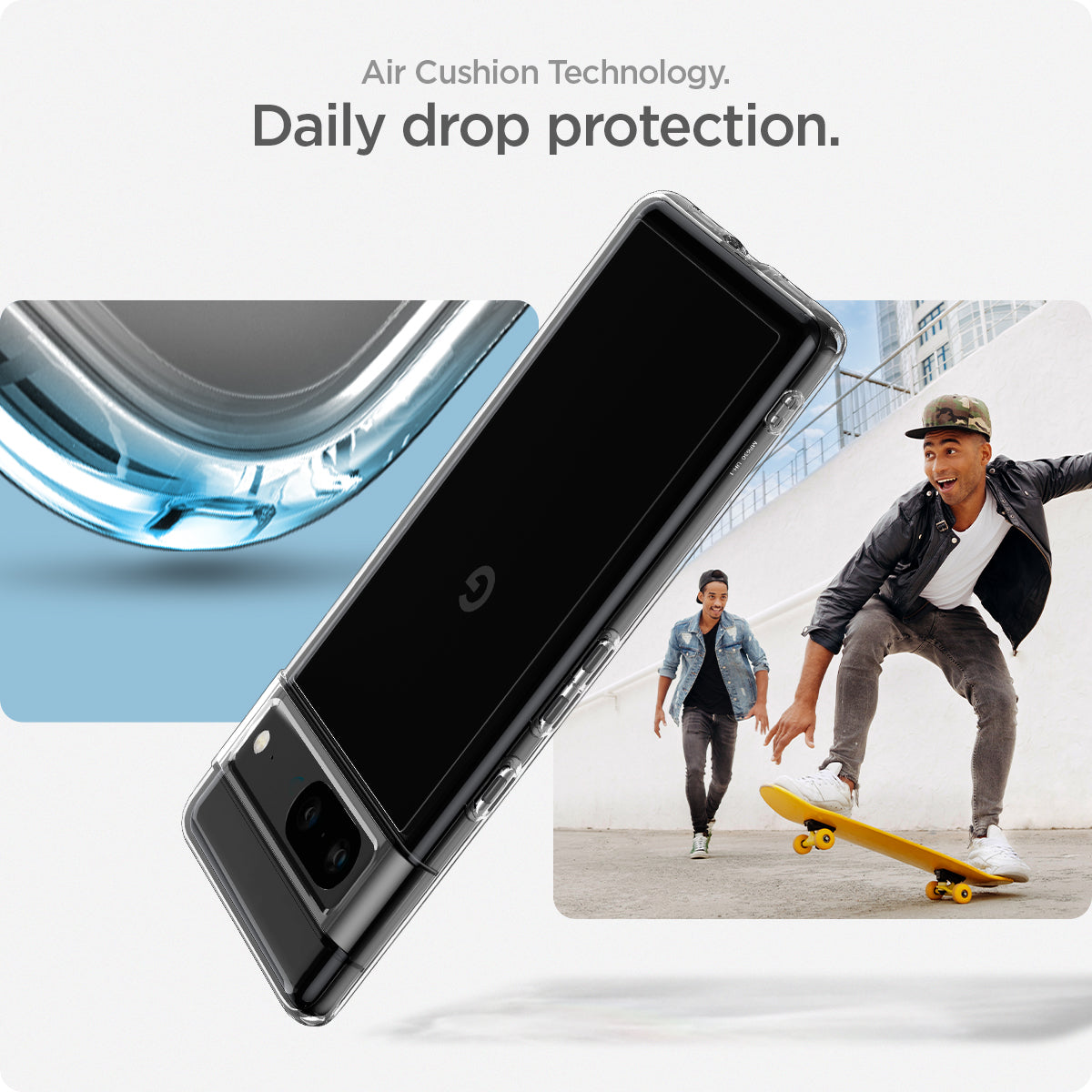 ACS04699 - Pixel 7 Case Ultra Hybrid in crystal clear showing the daily drop protection with Air Cushion Technology